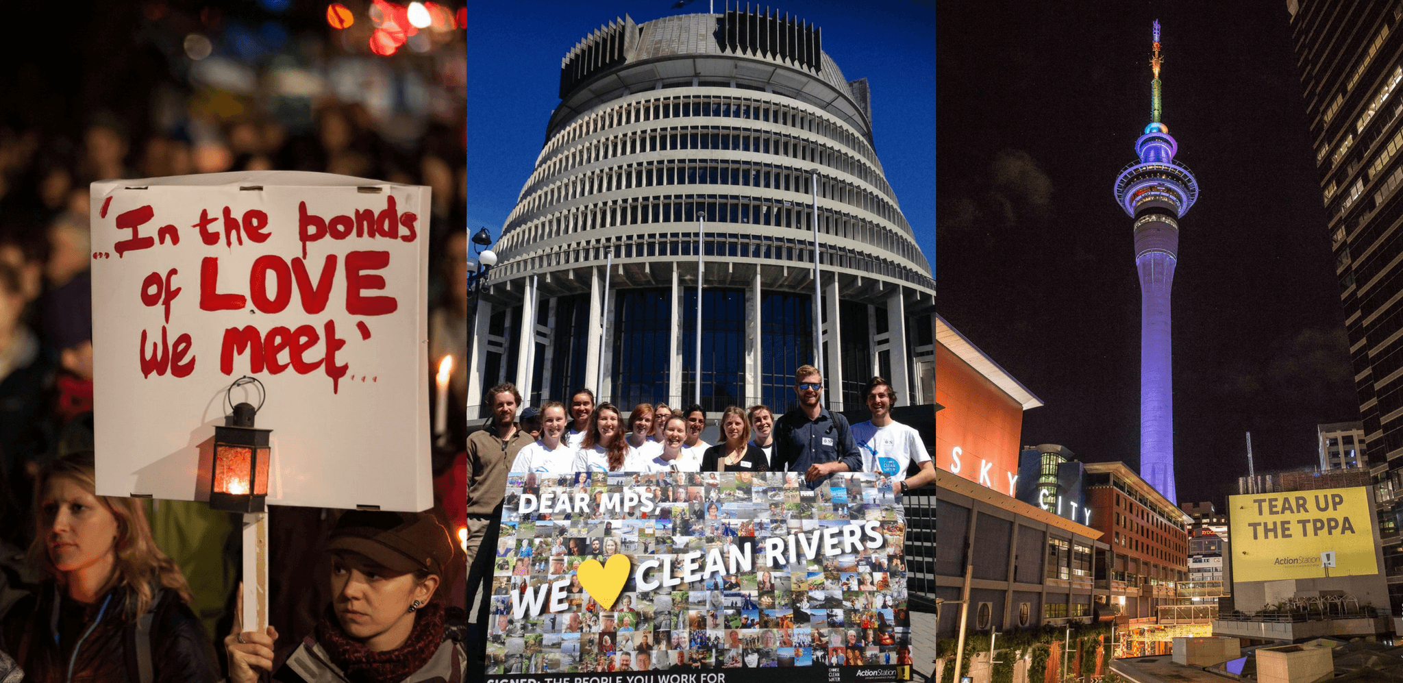 A group of people in front of the beehive with a sign asking MPs for clean rivers